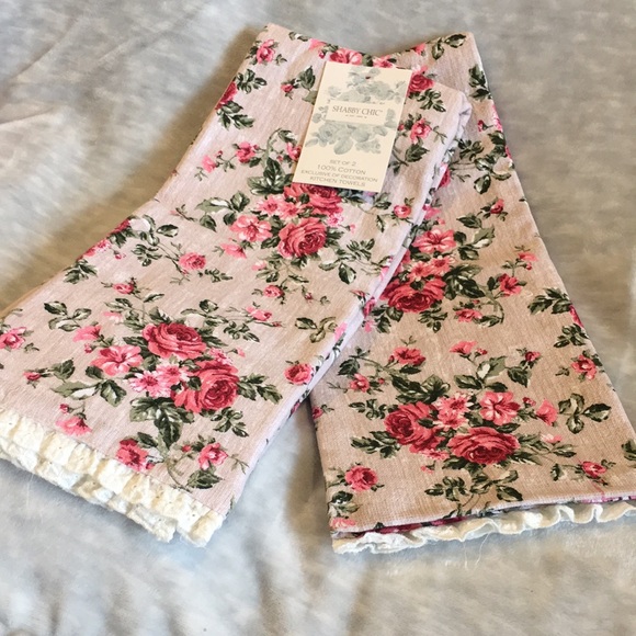 Shabby Chic Rose Garden Eyelette Lace Trimmed Farmhouse Kitchen Towels CottonNWT - Picture 13 of 16